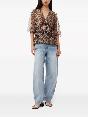 Bluse mit print mit leopardenmuster mit v-ausschnitt Ganni braun