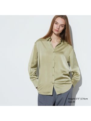 Атласная блузка с длинным рукавом Uniqlo зеленая