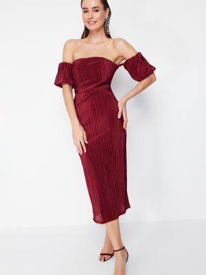 Плисирана плетена вечерна рокля Trendyol винено червено