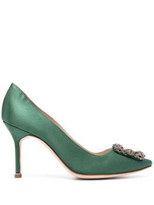 Сатенени полуотворени обувки Manolo Blahnik зелено