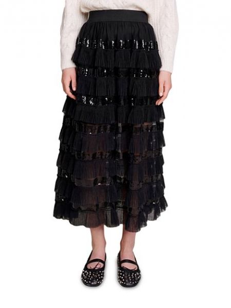 Длинная юбка с пайетками с рюшами Maje черная