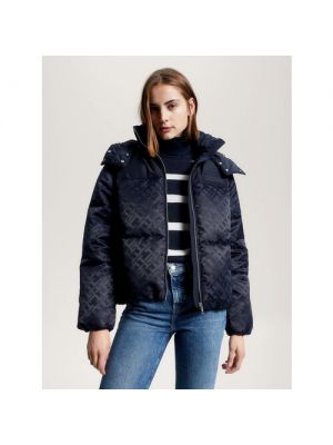 куртка TOMMY HILFIGER, демисезон/зима, средней длины, карманы, капюшон, съемный капюшон, L синий
