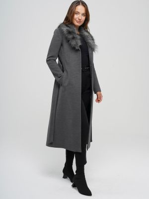 Пальто средней длины с меховым воротником на талии Темно-серый Concept.