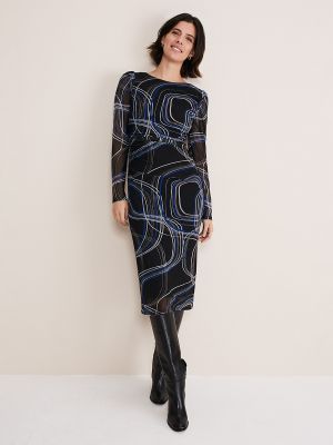 Vestido midi con estampado manga larga con estampado abstracto Phase Eight negro