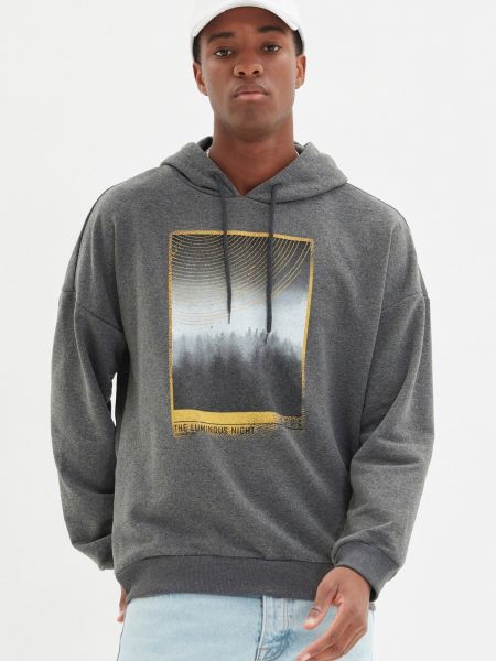 Raštuotas džemperis su gobtuvu ilgomis rankovėmis Trendyol pilka