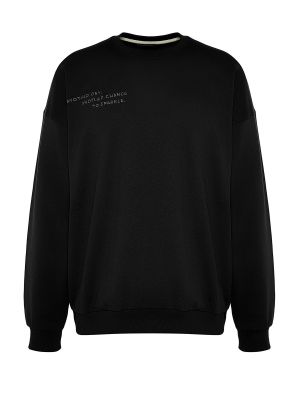 Relaxed fit siuvinėtas fliso džemperis oversize Trendyol juoda
