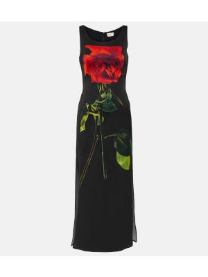 Černé květinové hedvábné saténové midi šaty Alexander Mcqueen