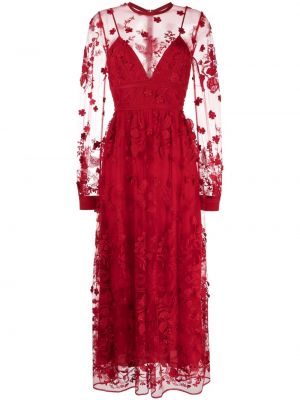 Haftowana sukienka midi w kwiatki tiulowa Elie Saab czerwona