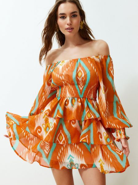 Sukienka mini szyfonowa pleciona Trendyol pomarańczowa