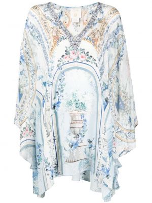 Bílé hedvábné večerní šaty s potiskem s abstraktním vzorem Camilla