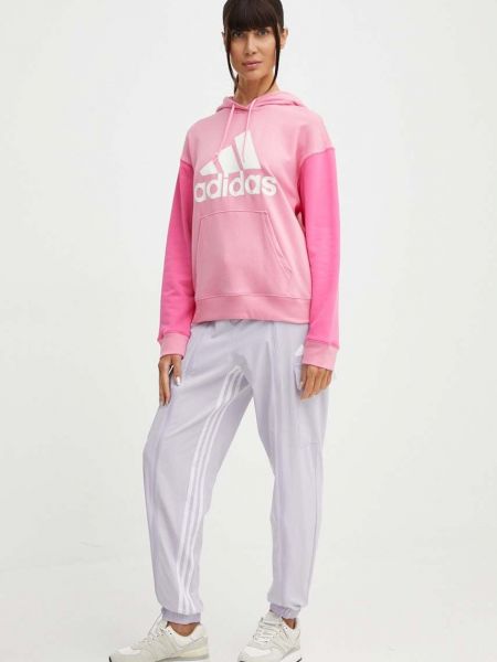 Хлопковый свитер с капюшоном с принтом Adidas розовый