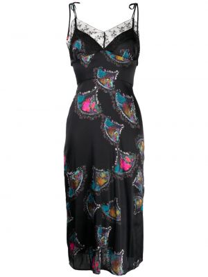 Svilena večerna obleka s potiskom z abstraktnimi vzorci Cynthia Rowley črna