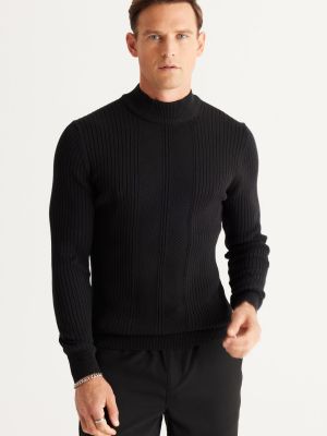 Žakarda kokvilnas slim fit džemperis ar augstu apkakli Ac&co / Altınyıldız Classics melns