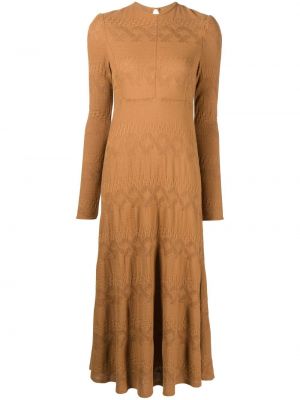 Dlouhé šaty s dlouhými rukávy z polyesteru s kulatým výstřihem Mame Kurogouchi - hnědá