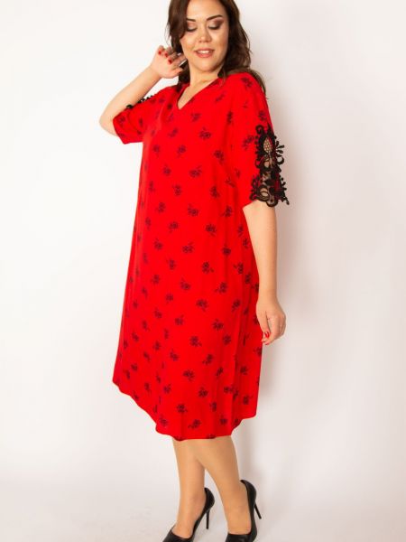 Sukienka z wiskozy z dekoltem w serek koronkowa Sans czerwona