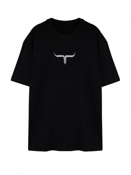 Raštuotas medvilninis polo marškinėliai oversize Trendyol juoda