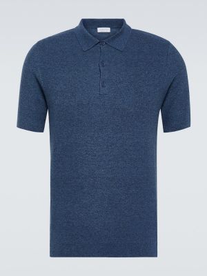 Плетена памучна поло тениска Sunspel синьо