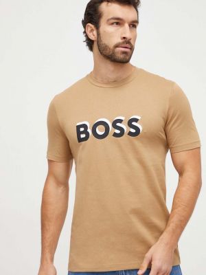 Koszulka bawełniana z nadrukiem Boss beżowa