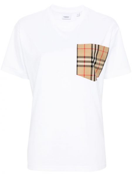 Bombažna majica s karirastim vzorcem z žepi Burberry bela