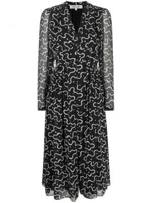 Dlouhé šaty s potiskem s výstřihem do v s dlouhými rukávy Dvf Diane Von Furstenberg - černá