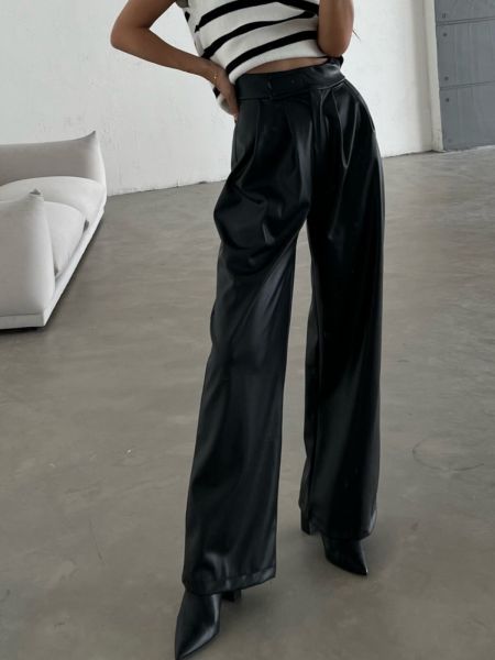 Kožené nohavice na suchý zips s vysokým pásom Laluvia čierna
