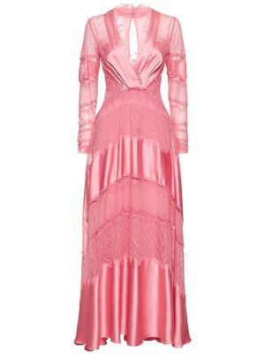 Сатенена макси рокля с v-образно деколте с дантела Zuhair Murad розово