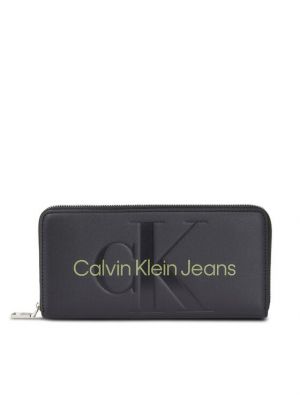 Portfel na zamek ze skóry ekologicznej Calvin Klein Jeans czarny