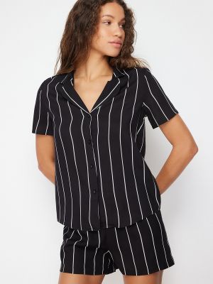 Pletené pruhované viskózové pyžamo Trendyol černé