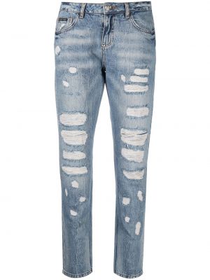 Klasické džíny s klučičím střihem s dírami Philipp Plein - modrá