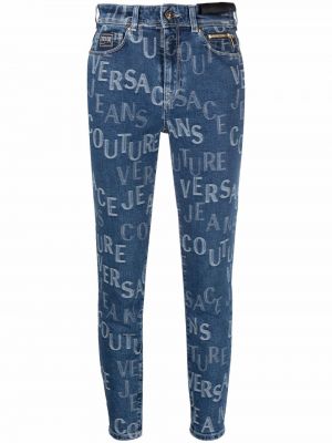 Jeansy skinny slim fit klasyczne z nadrukiem Versace Jeans Couture - niebieski