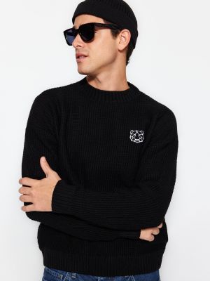 Oversized priliehavý sveter s výšivkou Trendyol čierna