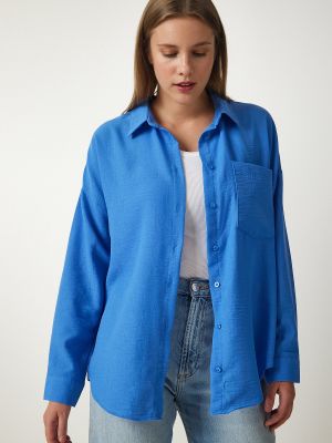 Lininė marškiniai oversize Happiness İstanbul mėlyna