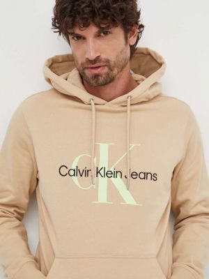 Bluza z kapturem bawełniana z nadrukiem Calvin Klein Jeans beżowa