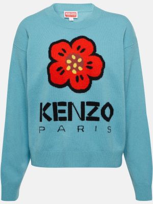 Вълнен пуловер на цветя Kenzo синьо