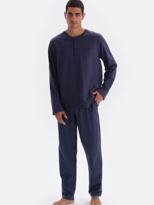 Pletené pyžamo s potlačou s dlhými rukávmi Dagi modrá