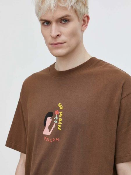 Bavlněné tričko s potiskem Volcom hnědé