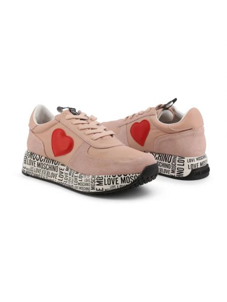 Haftowane sneakersy skórzane w serca Love Moschino różowe