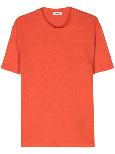 Lniana koszulka z okrągłym dekoltem Sandro pomarańczowa