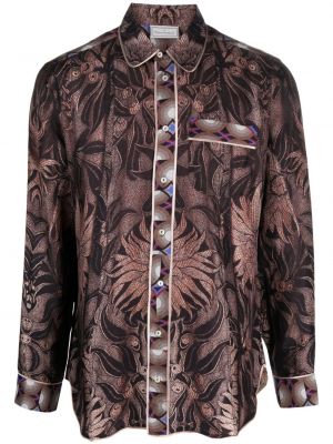 Jedwabna koszula z nadrukiem w abstrakcyjne wzory Pierre Louis Mascia brązowa