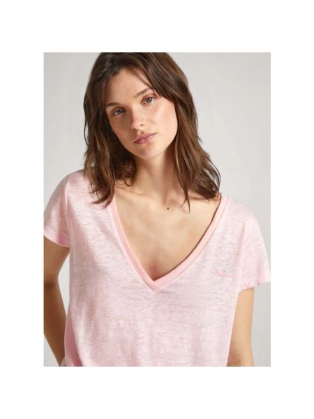 Camiseta de lino con escote v Pepe Jeans rosa