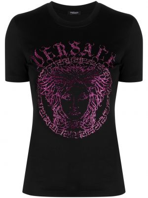 Kokvilnas t-krekls ar kristāliem Versace melns