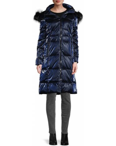 Пуховое стеганое пальто с мехом Karl Lagerfeld Paris, синее