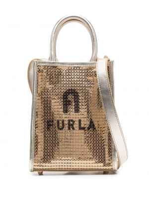 Flitrovaná nákupná taška s potlačou Furla zlatá