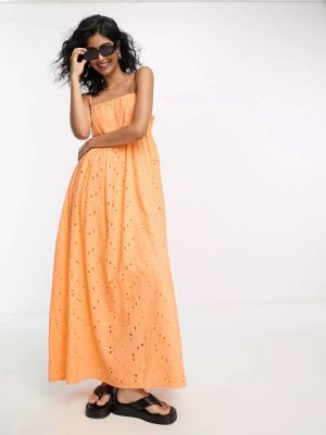 Платье макси на бретелях Selected Femme Broderie персиково-оранжевого цвета