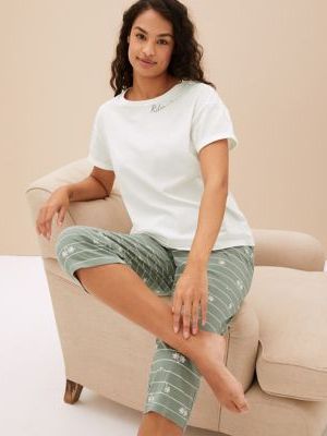 Womens M&S Collection Pure Cotton Palm Print Cropped Pyjama Set - Dusty , Dusty  M&s Collection - Zielony