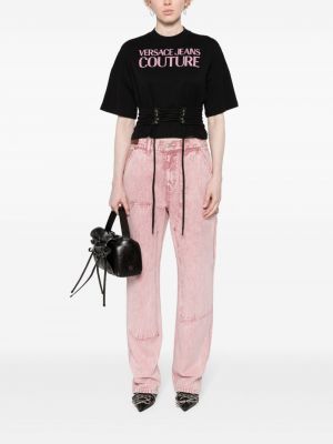 Mežģīņu t-krekls ar šņorēm Versace Jeans Couture melns