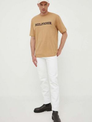 Bavlněné tričko s aplikacemi Tommy Hilfiger béžové