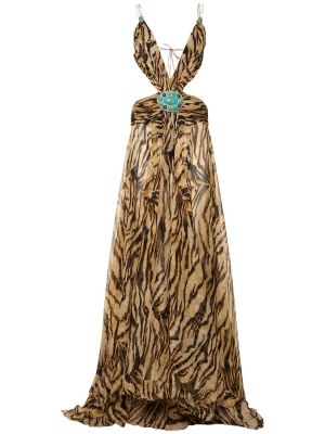 Šifonové dlouhé šaty s potiskem s tygřím vzorem Roberto Cavalli