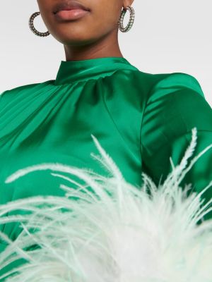 Vestido largo de raso con plumas de plumas Self-portrait verde