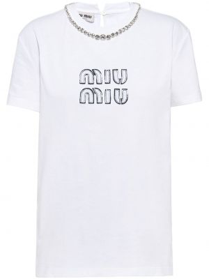 Kokvilnas t-krekls ar kristāliem Miu Miu balts